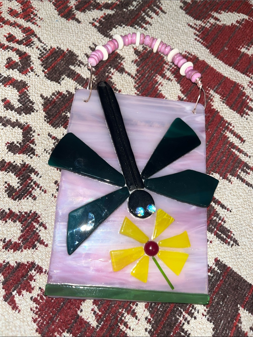 Lavender Fuses Glass Dragonfly Panel with Yellow Flower Accent Art Decor 810